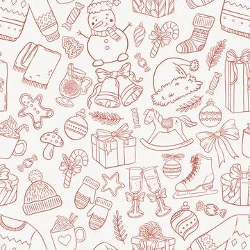 Doodle Christmas holiday seamless pattern with gifts, sweets and winter dec.. Stock Illustration
