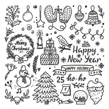 Doodle christmas isolated holiday elements. Holly xmas winter plants, present 库存插图