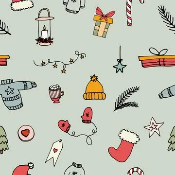 Doodle christmas pattern of cute elements. Stock Illustration