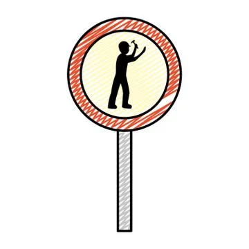 Doodle circle caution emblem and laborer with hammer Stock Illustration