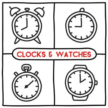 Doodle clock icons set Stock Illustration