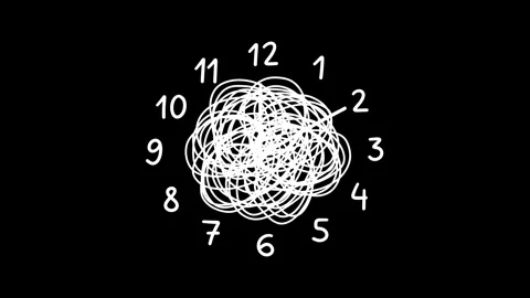 Doodle clock with tangled scribble mess on black background Stock Footage 339801288