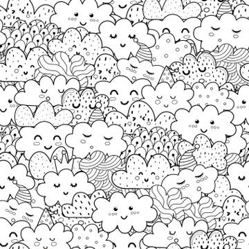 Doodle clouds black and white seamless pattern. Funny coloring page Stock Illustration