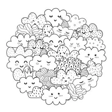 Doodle clouds circle shape pattern for coloring book. Black and white print Stock Illustration