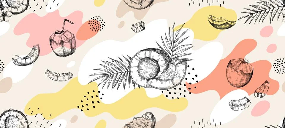 Doodle coco pattern. Hand drawn seamless texture of tropical coconuts and palm 스톡 일러스트