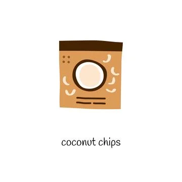 Doodle coconut chips in pack. Stock Illustration