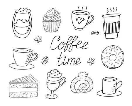 Doodle coffee time, sweets, coffee, text. Stock Illustration