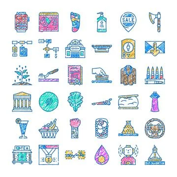 Doodle collection with assorted colorful sketch icons 库存插图