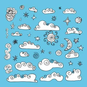 Doodle Collection of Hand Drawn Vector Clouds. Set of cartoon cute simple clo Stock Illustration
