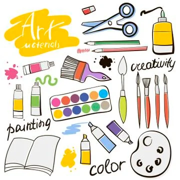Doodle colored art materials collection. Hand drawn art icons set. Vector I.. Stock Illustration