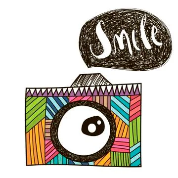Doodle colored camera with speech bubble. Hipster camera isolated on white... Stock Illustration