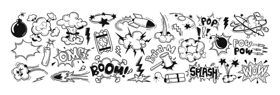 Doodle comic bombs and explosions, text sound effects with speech bubbles Stock Illustration