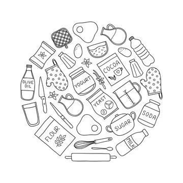 Doodle cooking, baking ingredients in circle. Stock Illustration