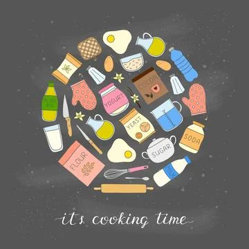 Doodle cooking, baking ingredients in circle. Stock Illustration