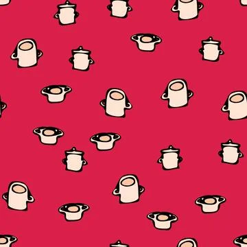 Doodle cooking pots seamless vector pattern on red Stock Illustration