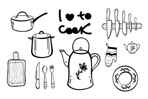 Doodle Cook's tools and items set. Hand-drawn design elements. Vector Illustrazione stock