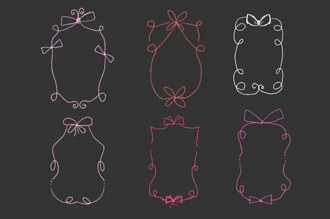 Doodle coquette frames with bows crayon drawing. Vintage line wavy border with Stock Illustration