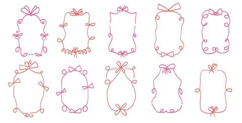 Doodle coquette frames with bows crayon drawing. Vintage line wavy border with Stock Illustration