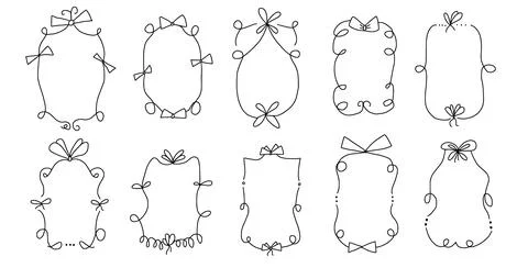Doodle coquette frames with bows. Vintage scribble line wavy border with ribbons Illustrazione stock