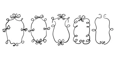 Doodle coquette frames with bows. Vintage scribble line wavy border with ribbons イラスト素材