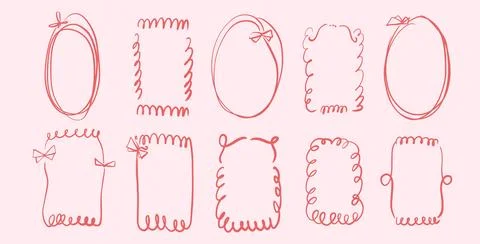 Doodle coquette frames with bows. Vintage line wavy border with ribbons set. Stock Illustration