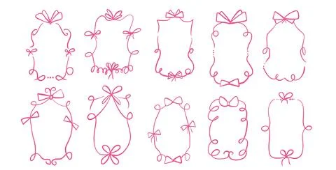 Doodle coquette frames with bows. Vintage line wavy border with ribbons set. Stock Illustration