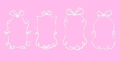 Doodle coquette frames with bows. Vintage line wavy border with ribbons set. Stock Illustration