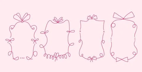Doodle coquette frames with bows. Vintage line wavy border with ribbons set. Stock Illustration