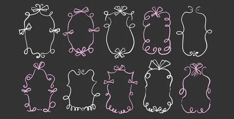 Doodle coquette frames with bows. Vintage line wavy border with ribbons set. Stock Illustration