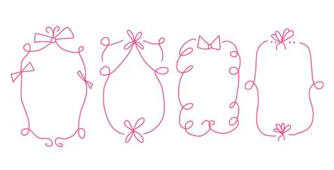 Doodle coquette photo frames with bows. Vintage line wavy border with ribbons Stock Illustration
