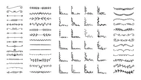Doodle corner divider. Hand drawn floral ornamental border elements. Vintage Stock Illustration