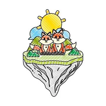 Doodle couple fox animal in float island Stock Illustration