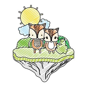 Doodle couple fox animal in the float island Stock Illustration