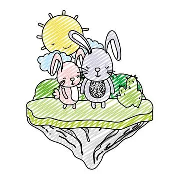 Doodle couple rabbit animal in the float island Ilustración de archivo