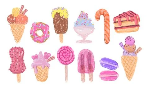 Doodle crayon dessert collection with ice cream 库存插图