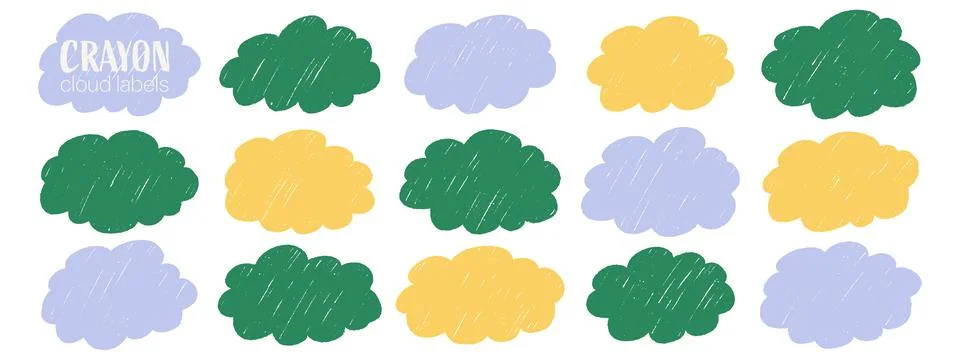 Doodle crayon fluffy cloud label shapes. Sketchy style with rough texture. .. Stock Illustration