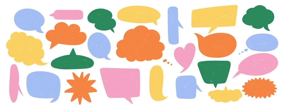 Doodle crayon speech bubbles set. Hand drawn comic dialog and thought ballo.. Stock Illustration