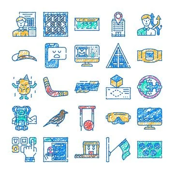 Doodle creative business technology development icon set Stock Illustration
