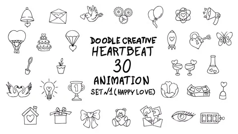 Doodle creative heartbeat Set 1 Happy Love 4K 25 fps Stock Footage 125891422