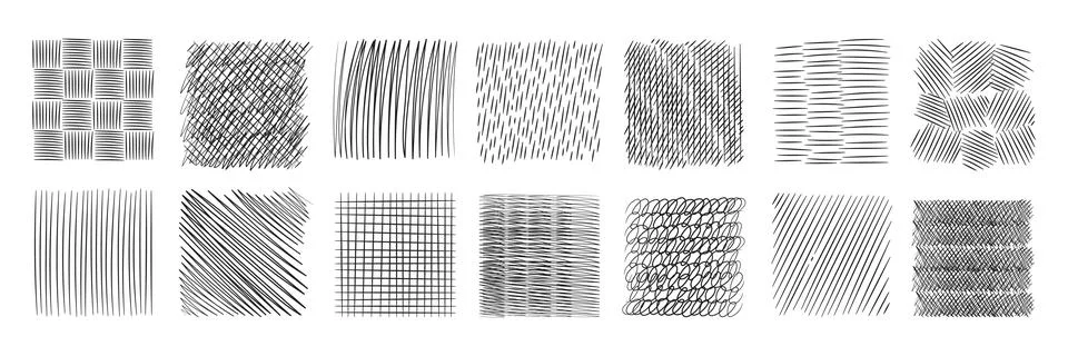 Doodle crosshatch. Hand drawn linear sketch, pencil strokes, different types and Stock Illustration