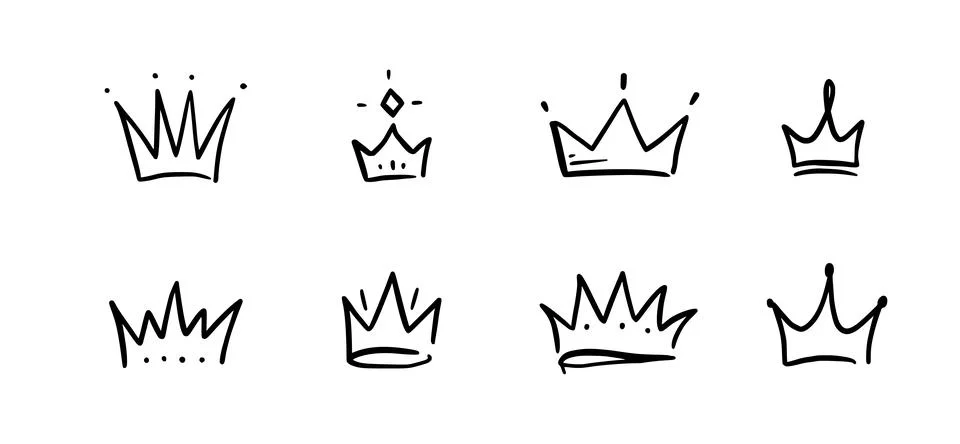 Doodle crown hand drawn set. Doodle princess crown, queen tiara. Line sketch Stock Illustration