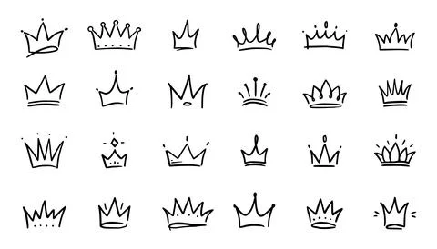 Doodle crown hand drawn set. Doodle princess crown, queen tiara. Line sketch Stock Illustration