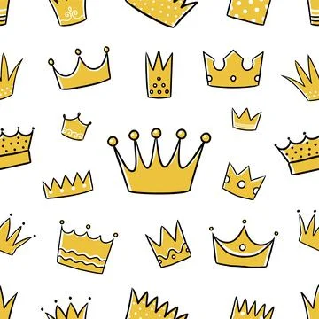 Doodle crown pattern. Seamless print of king and queen royal line symbol. Prince 스톡 일러스트