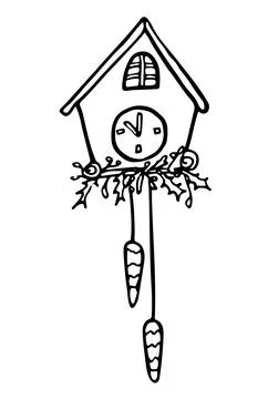 Doodle cuckoo clock on the wall with Christmas decoration. Stock Illustration