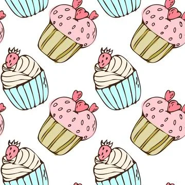 Doodle cupcake heart pattern with muffin and strawberry, heart shape cookies, Stock Illustration