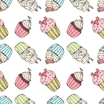 Doodle cupcake pattern with muffin and strawberry, cherry, heart shape cookie Stock Illustration