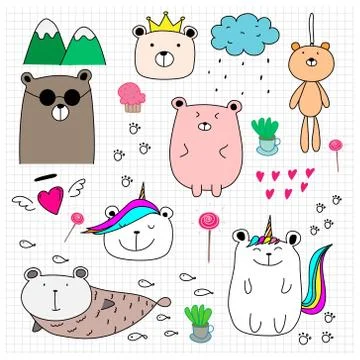 Doodle Cute Bear Set. Hand Drawn Style Vector Illustration. Stock Illustration