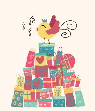 Doodle  cute bird on present boxes mountain, idea for card Stock Illustration