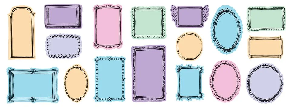Doodle cute frame set, hand drawn whimsical cartoon border collection Stock-Illustration