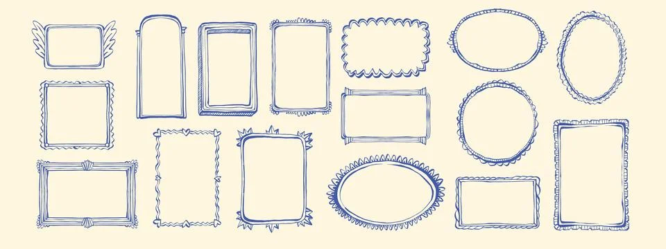 Doodle cute frame set, hand drawn minimal sketch border, vintage trendy Stock Illustration
